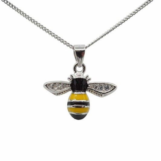 Bee Pendant Clear Cubic Zirconia Black Yellow Enamelled Sterling Silver Pendant Necklace