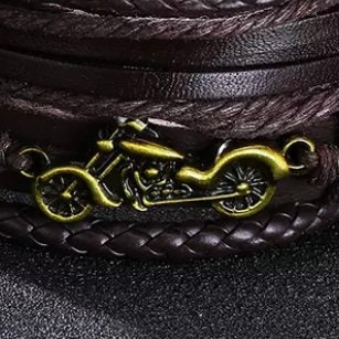 Multi-Layered Brown Leather Bracelet with Motorbike Charm