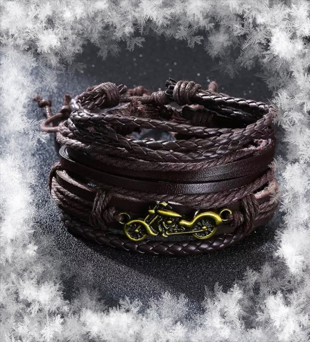 Multi-Layered Brown Leather Bracelet with Motorbike Charm