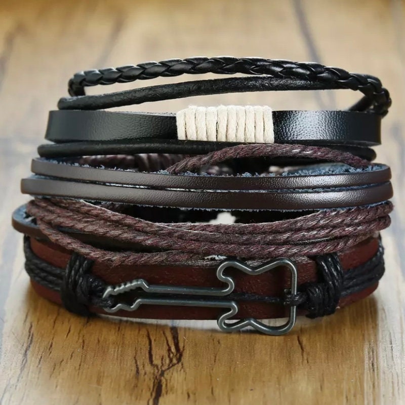 Multi-Layered Leather Bracelet with Guitar Charm