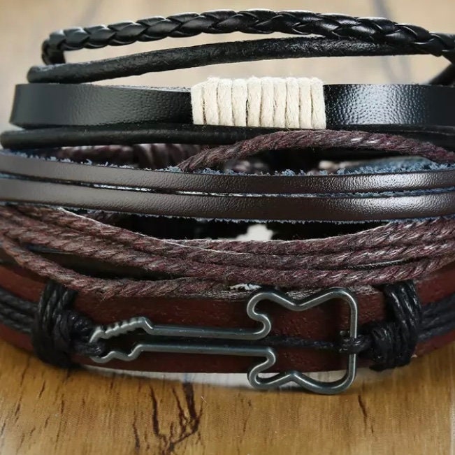 Multi-Layered Leather Bracelet with Guitar Charm