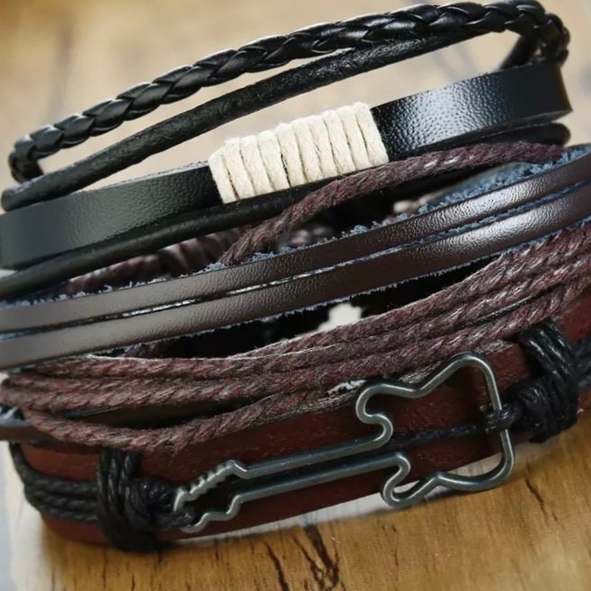 Multi-Layered Leather Bracelet with Guitar Charm