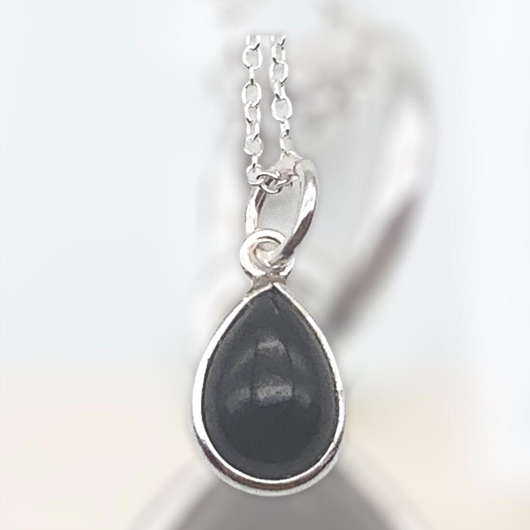 Dainty 925 Sterling Silver Necklace with a Beautiful Teardrop Jet Black Onyx Gemstone