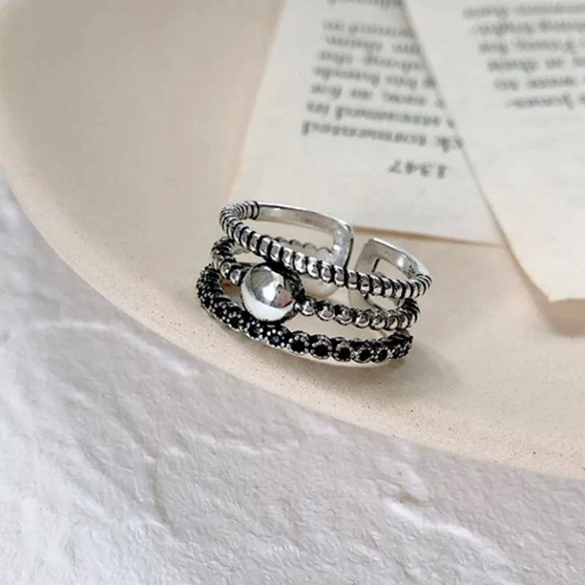 Silver Colour Layered Beads Open Ring