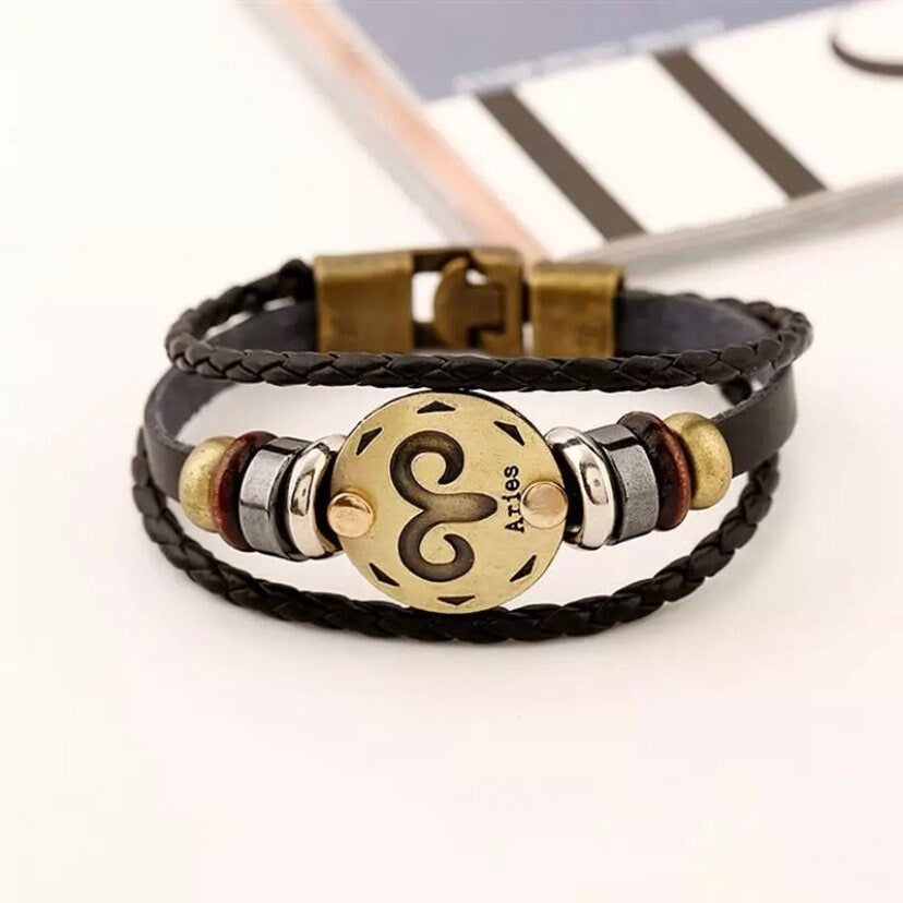 2pcs/Set Multi Layered Black Leather 12 Constellation Zodiac Horoscope Braided Bracelets