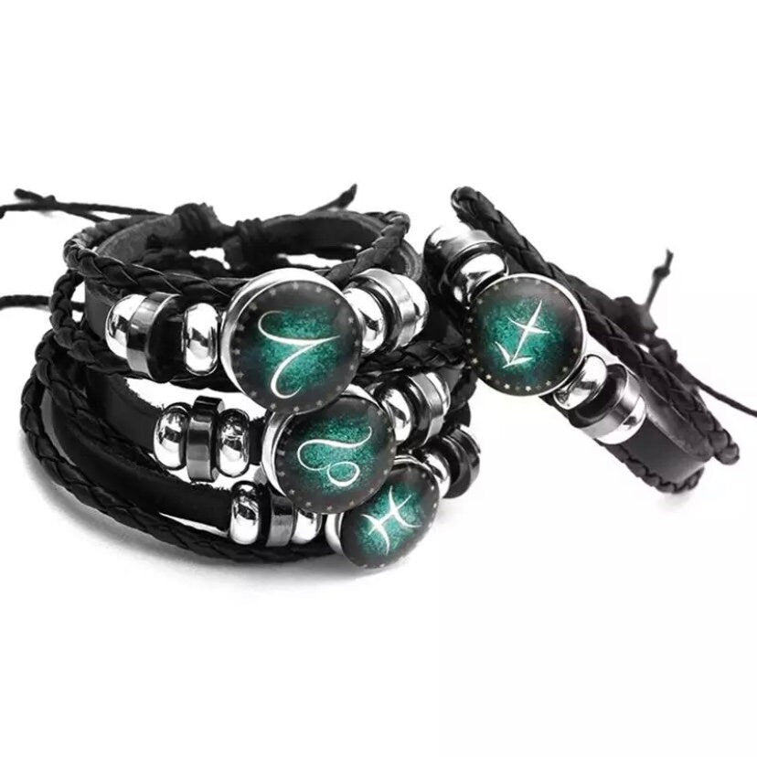 2pcs/Set Multi Layered Black Leather 12 Constellation Zodiac Horoscope Braided Bracelets