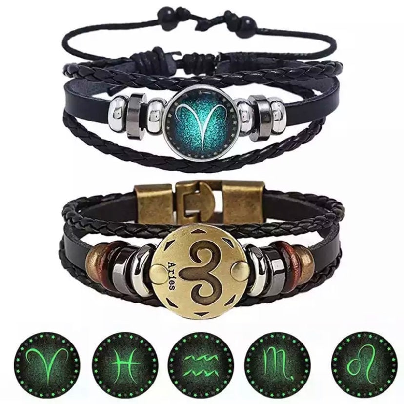 2pcs/Set Multi Layered Black Leather 12 Constellation Zodiac Horoscope Braided Bracelets