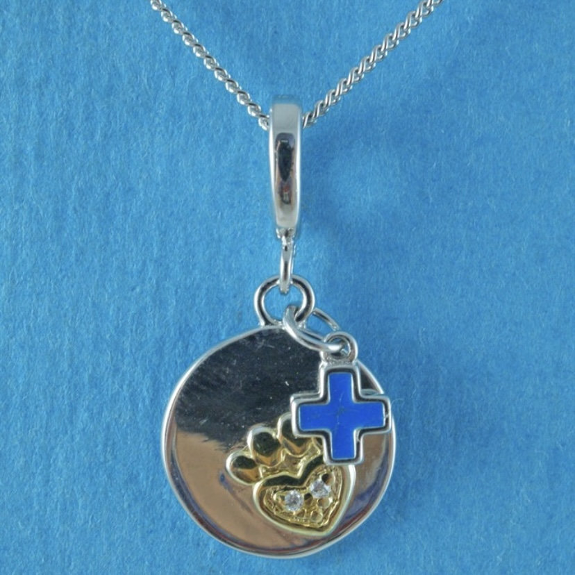 Sterling Silver Blue Cross & Paw Print Pendant Necklace