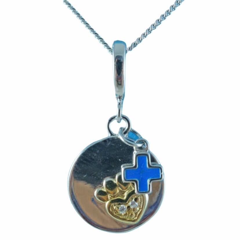 Sterling Silver Blue Cross & Paw Print Pendant Necklace