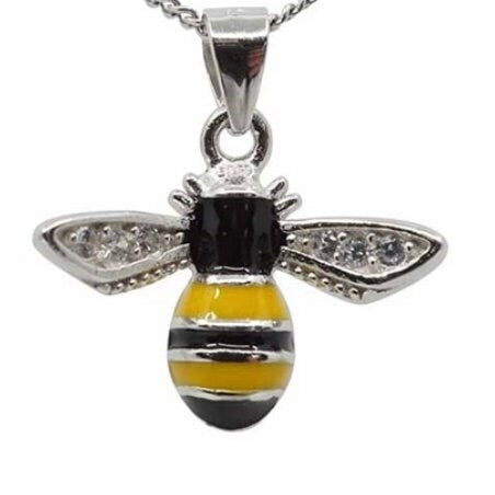 Bee Pendant Clear Cubic Zirconia Black Yellow Enamelled Sterling Silver Pendant Necklace