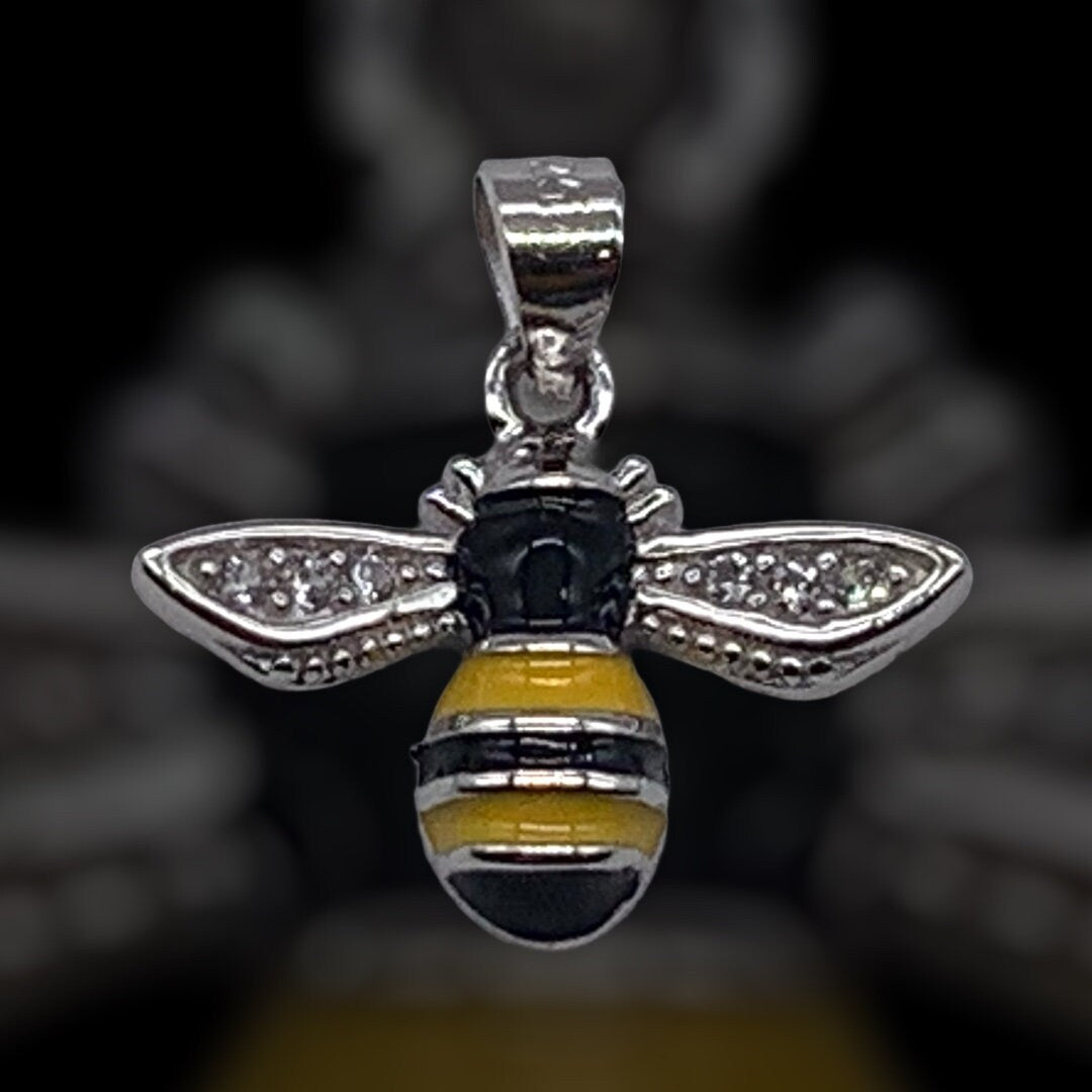 Bee Pendant Clear Cubic Zirconia Black Yellow Enamelled Sterling Silver Pendant Necklace