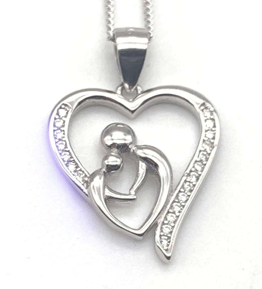 Sterling Silver Parent and Child Love Heart Cubic Zirconia Pendant Necklace