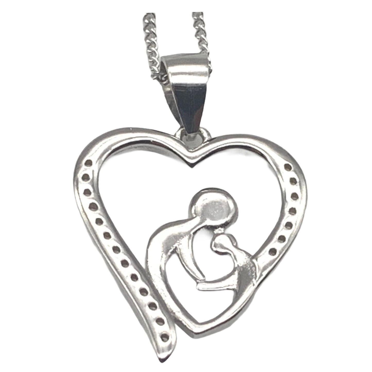 Sterling Silver Parent and Child Love Heart Cubic Zirconia Pendant Necklace