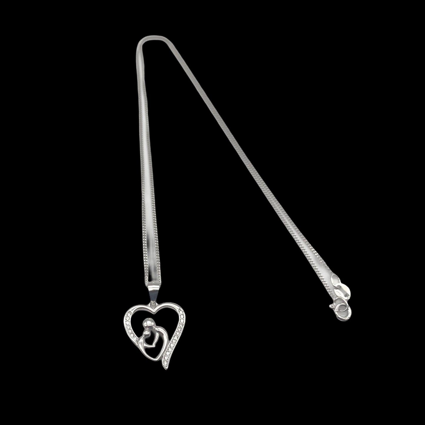 Sterling Silver Parent and Child Love Heart Cubic Zirconia Pendant Necklace