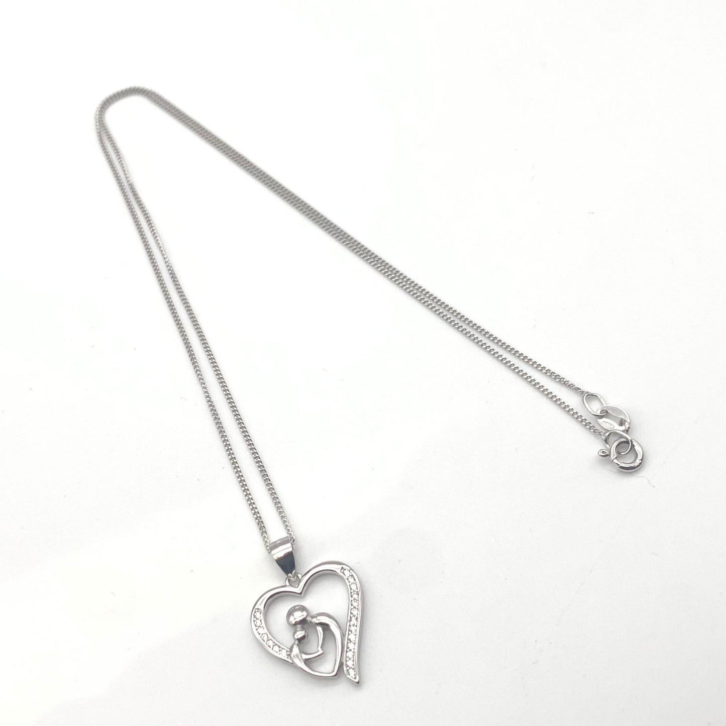 Sterling Silver Parent and Child Love Heart Cubic Zirconia Pendant Necklace