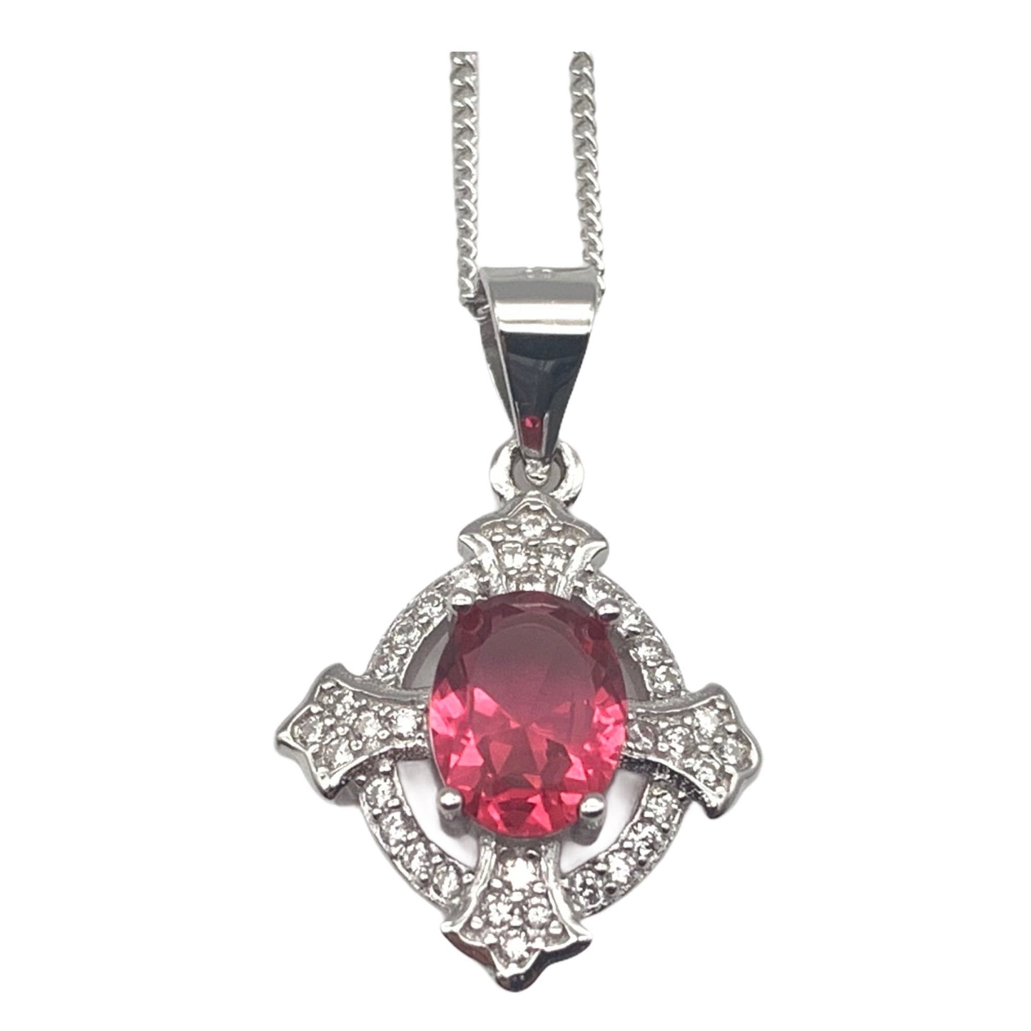 Sterling Silver Clear and Fuchsia Cubic Zirconia Stone Pendant Necklace