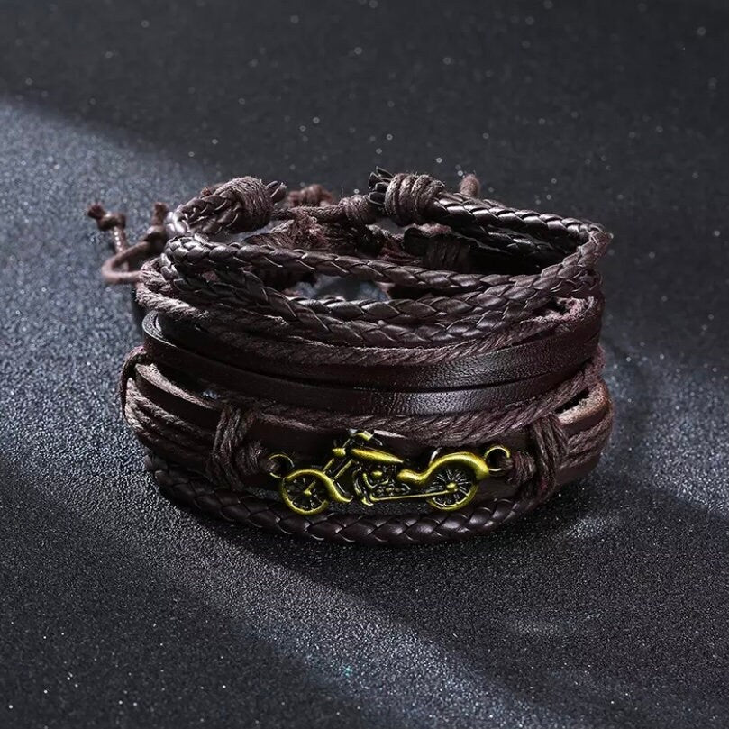 Multi-Layered Brown Leather Bracelet with Motorbike Charm