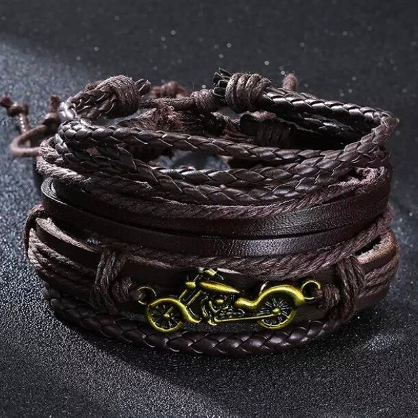 Multi-Layered Brown Leather Bracelet with Motorbike Charm