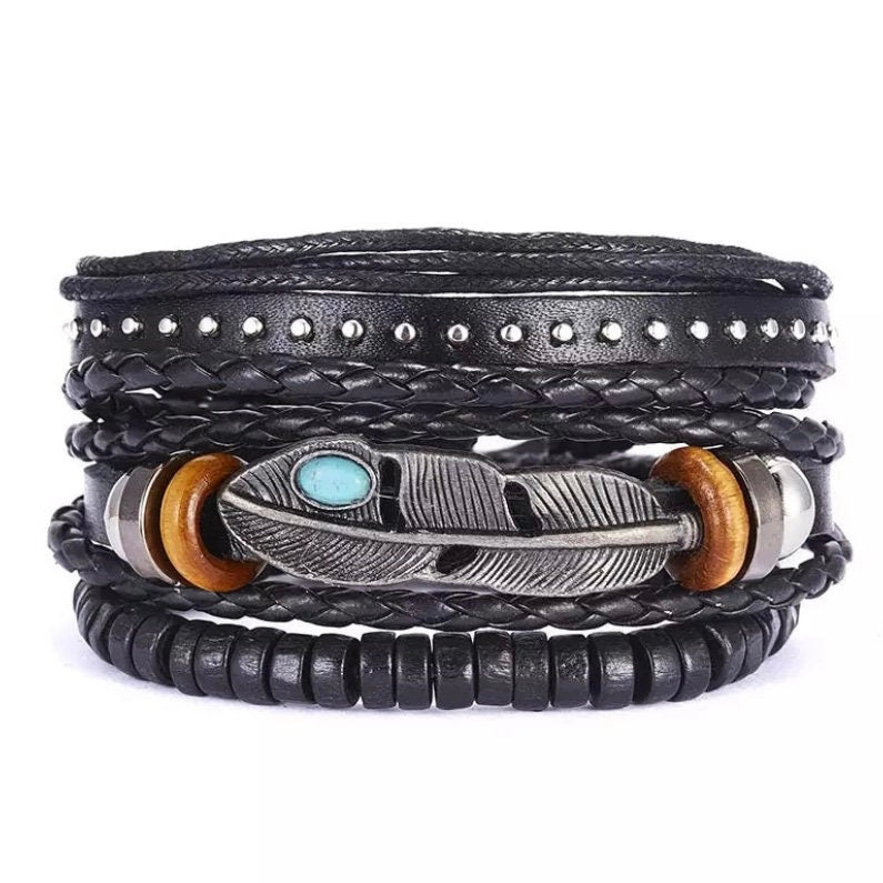 3pcs/set Black Leather Wooden Beaded Braid Bracelet Wrap with Feather Charm