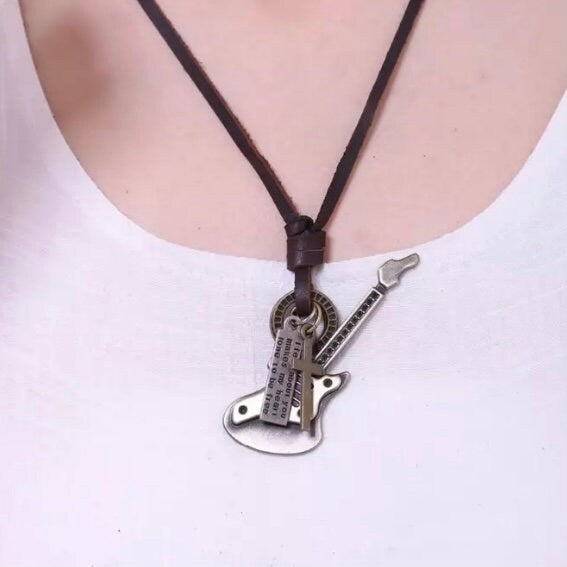 Vintage Religion Guitar and Cross Pendant Leather Necklace