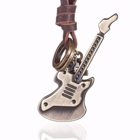 Vintage Religion Guitar and Cross Pendant Leather Necklace