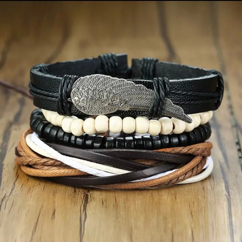 Multi-Layered Leather Wooden Beaded Braided Bracelet Wrap in Black Brown and White with Feather charm