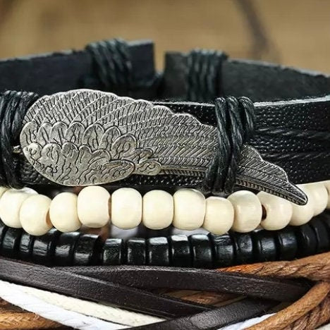 Multi-Layered Leather Wooden Beaded Braided Bracelet Wrap in Black Brown and White with Feather charm