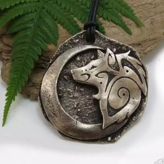 Bronze or Silver Tribal Wolf Crescent Moon Pendant with Black Leather Necklace