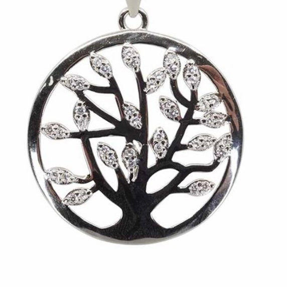 Sterling Silver Clear Cubic Zirconia Tree of Life Pendant Necklace