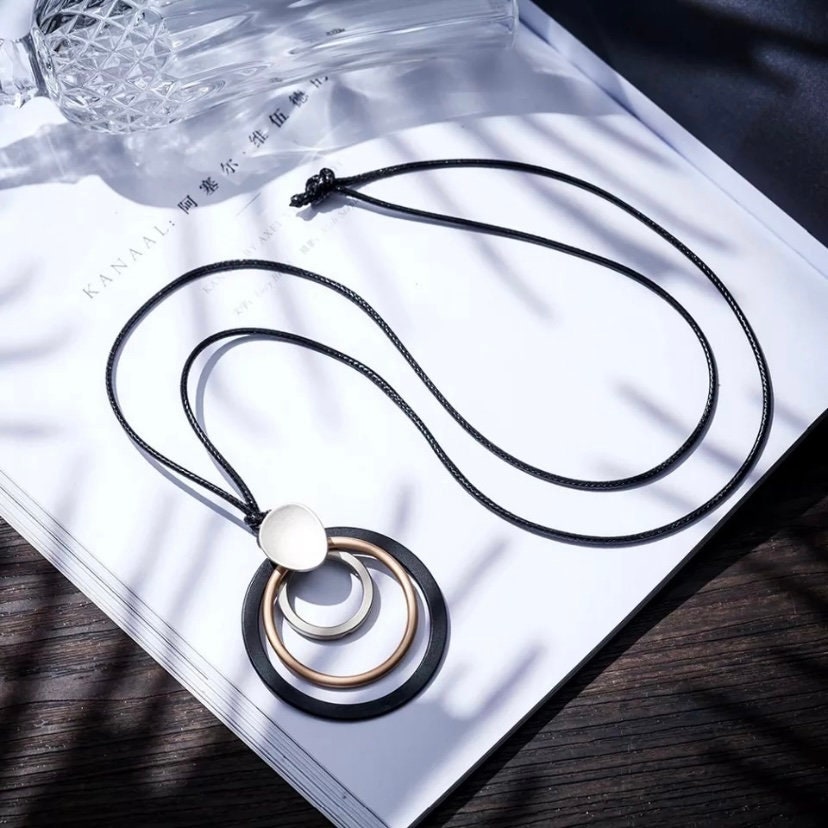 Long Black Rope Necklace With Multi Circular Pendants