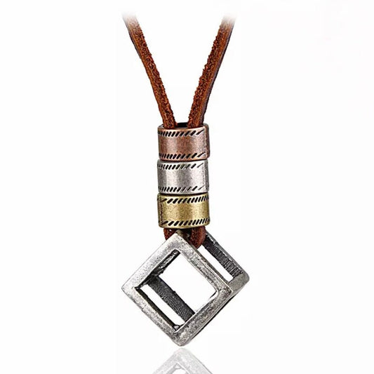 Cube Statement Pendant on Long Brown Leather Necklace