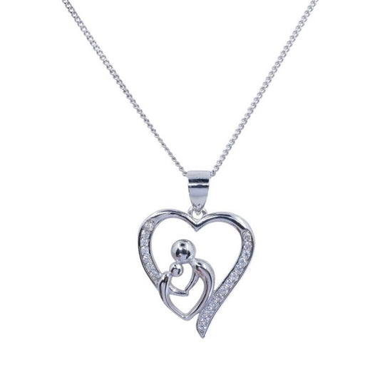 Sterling Silver Parent and Child Love Heart Cubic Zirconia Pendant Necklace