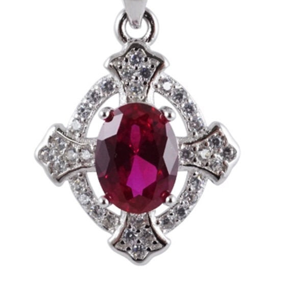 Sterling Silver Clear and Fuchsia Cubic Zirconia Stone Pendant Necklace