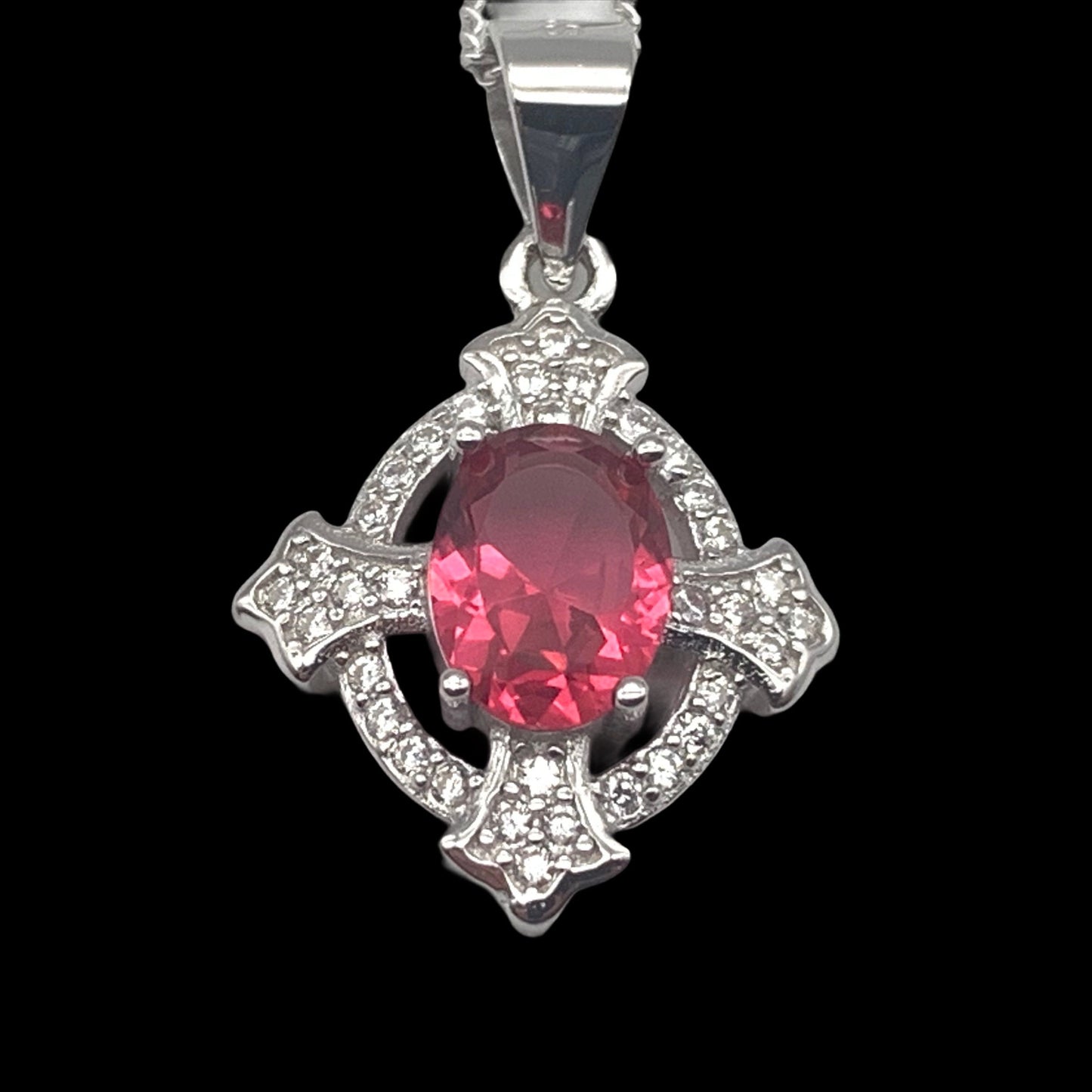 Sterling Silver Clear and Fuchsia Cubic Zirconia Stone Pendant Necklace