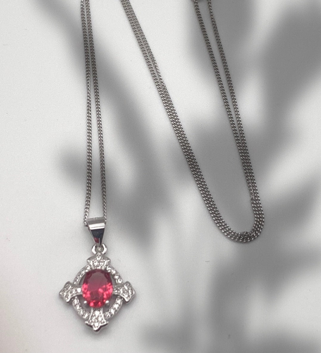 Sterling Silver Clear and Fuchsia Cubic Zirconia Stone Pendant Necklace