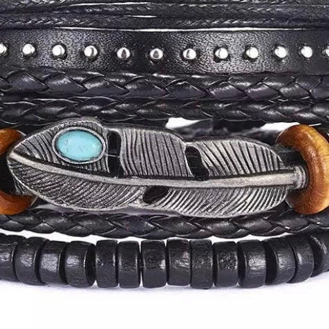 3pcs/set Black Leather Wooden Beaded Braid Bracelet Wrap with Feather Charm