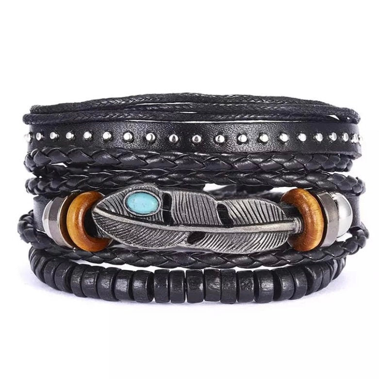 3pcs/set Black Leather Wooden Beaded Braid Bracelet Wrap with Feather Charm