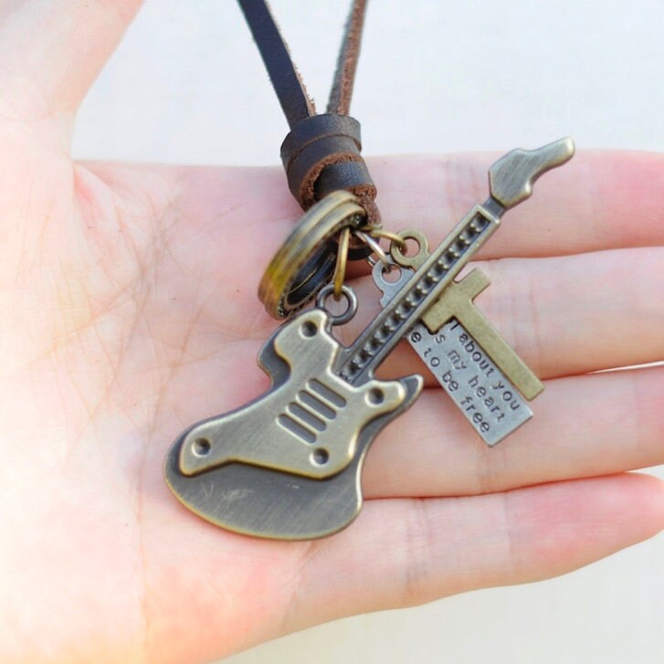 Vintage Religion Guitar and Cross Pendant Leather Necklace