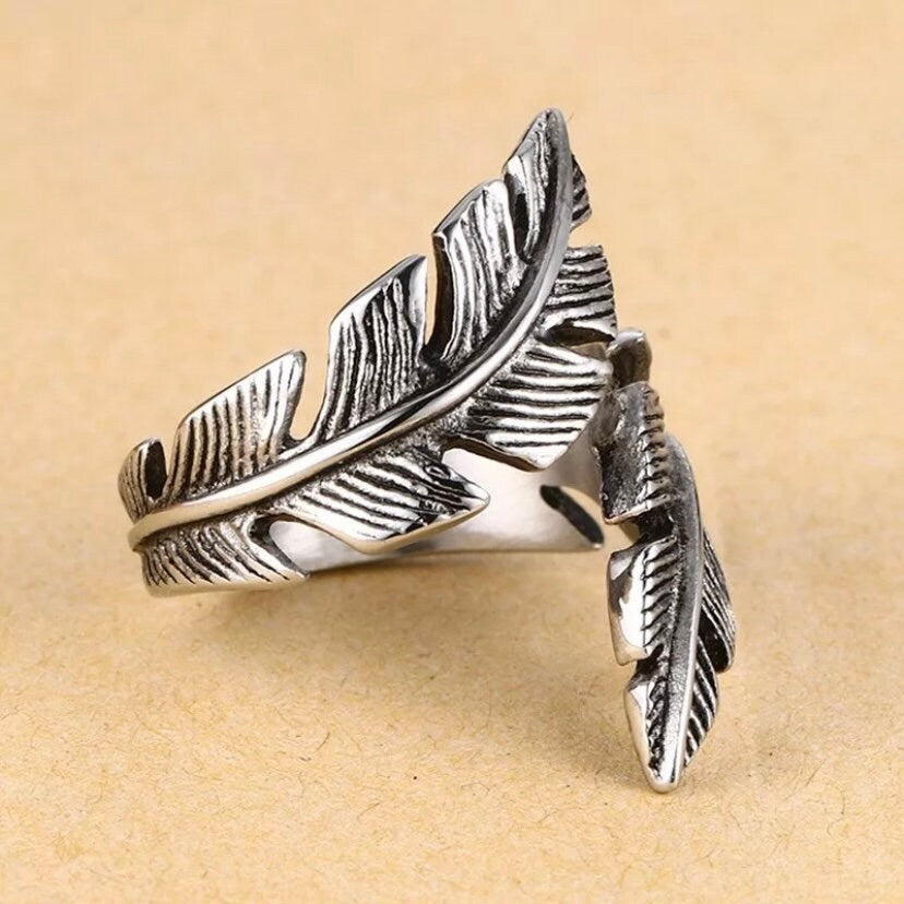 Vintage Biker Style Hand Polished Stainless Steel Feather Ring