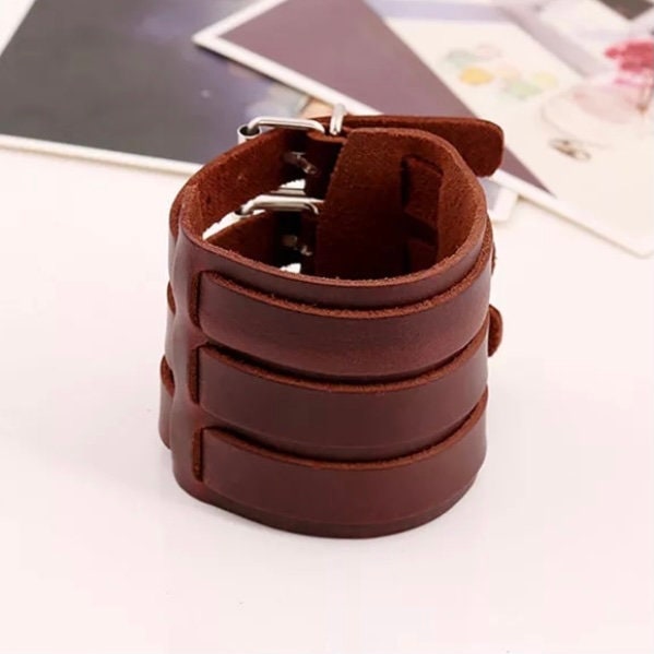 Fashion Punk Vintage Triple Rivet Wide Leather Bracelet in Black or Brown Leather