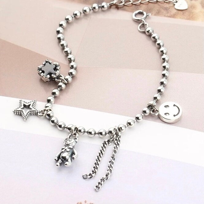 Lovely Handmade Bear Star Smiling Face Tassel Charms with Bead Chain Bracelet