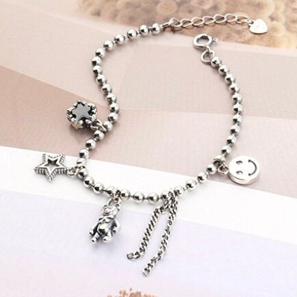 Lovely Handmade Bear Star Smiling Face Tassel Charms with Bead Chain Bracelet