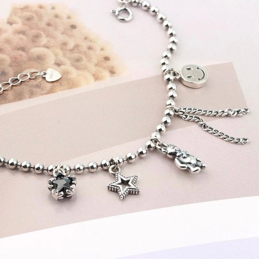 Lovely Handmade Bear Star Smiling Face Tassel Charms with Bead Chain Bracelet