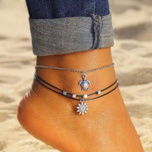 Multilayered Turtle & Sun Charm Anklet bracelet on Silver and Black Rope