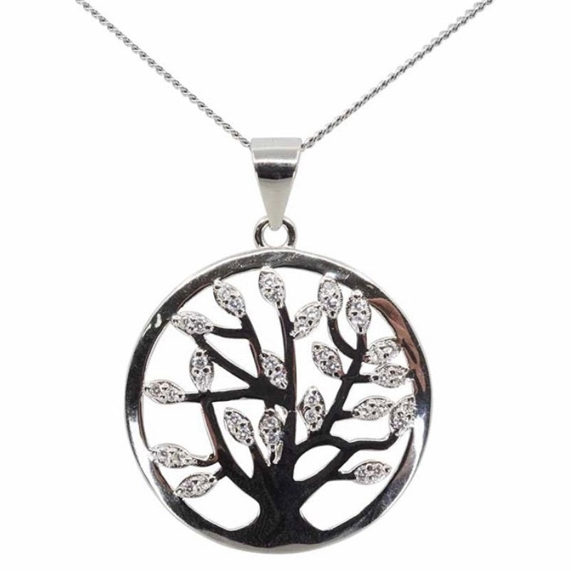 Sterling Silver Clear Cubic Zirconia Tree of Life Pendant Necklace