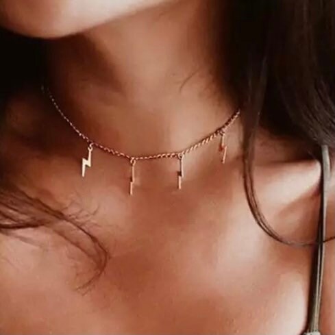 Gold Colour Choker Necklace with Lightening Bolt Charms