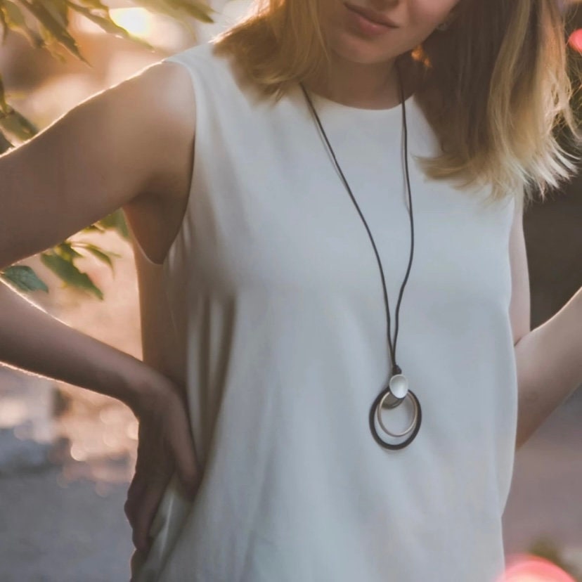 Long Black Rope Necklace With Multi Circular Pendants