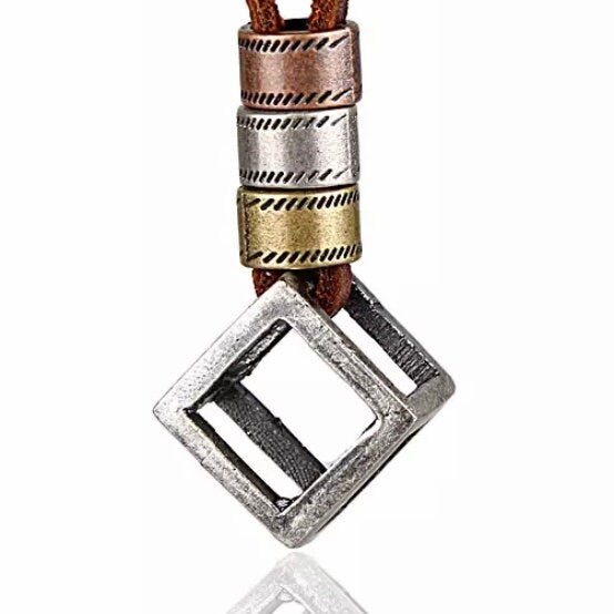 Cube Statement Pendant on Long Brown Leather Necklace