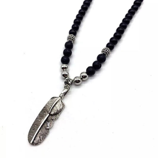 Black Beads Stainless Steel Feather or Arrow Pendant Necklace