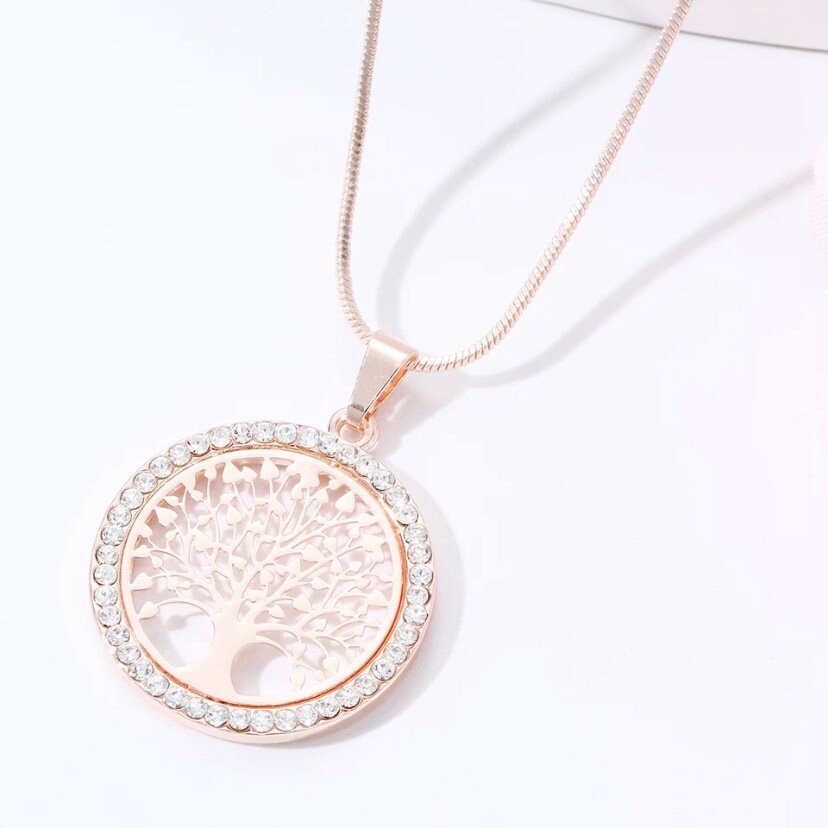 Tree of Life Crystal Round Pendant Necklace